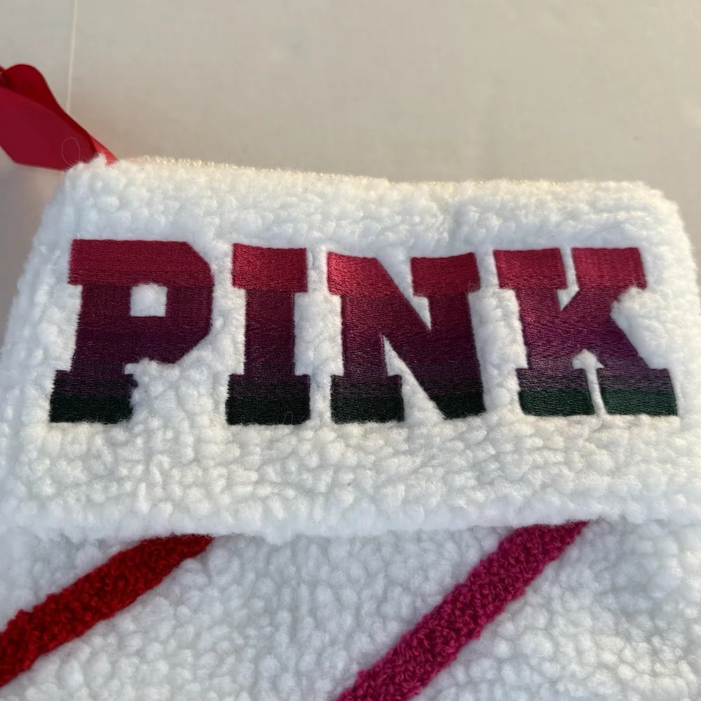 Victoria’s Secret PINK Sherpa Christmas Stocking Ombré Logo Stripes New